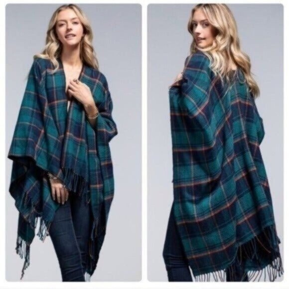 BUFFALO PLAID TEAL RUANA PONCHO-NEW-ONE SIZE-NEW - Picture 1 of 6